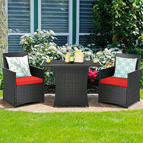 MIAOZI 3PCS Patio Rattan Furniture Set Cushioned Sofa Armrest Garden Deck Red Suitable For Patio, Porch, Garden And Balcony, Etc