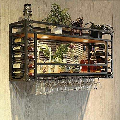 SUCHETA Hanging Wine Rack with Glass Holder and Shelf, Wine Rack Hanging,Wine Glass Racks Stemware Holder,Adjustable Height DecorationShelf, Wine