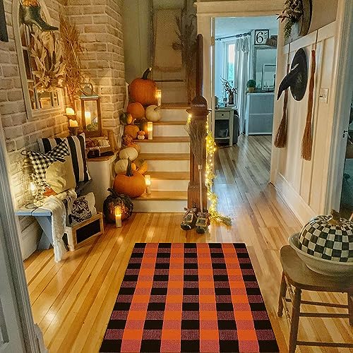 Orange and Black Plaid Rug, 35.4''x59'' Fall Outdoor Front Door Decorative Mat, Hand-Woven Rug for Layered Door Mats Washable Carpet for Porch, E