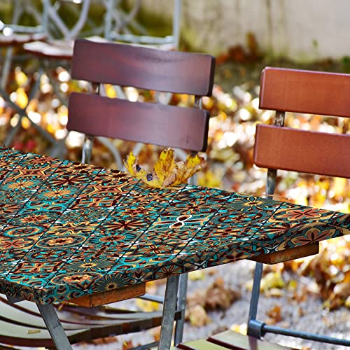 Tablecloth for Folding Table, boho Picnic Table Cover, Waterproof Fitted Table Covers for 6 Foot Tables, Elastic Rim Plastic Table Cover for Picn
