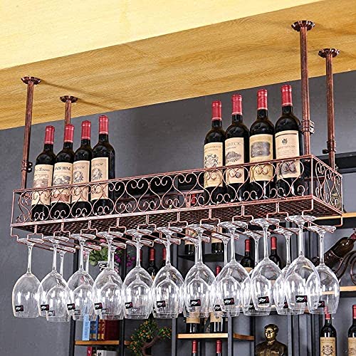 SUCHETA Hanging Wine Rack with Glass Holder and Shelf, Wine Rack Ceiling Wine Rack, Hanging Wine Glass Rack, Vintage Wine Bottle Rack, Antique Wa