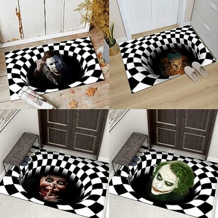 4PCS Halloween 3D Illusion Horror Clown Doormat,Halloween Clown Doormat Decorations,Halloween Non-Skid Doormat for Indoor and Outdoor Bedroom Bat
