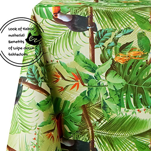 Green Tropical Jungle Wipe Clean Tablecloth - Textil Look - Rectangular 200x140 cm 78x55in - 6 Seats - Waterproof Vinyl PVC Wipeable Plastic Tabl