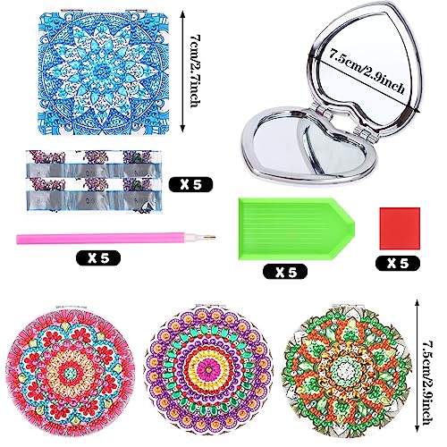 RUIYELE 5 Pieces Diamond Painting Mirror DIY Diamond Art Makeup Mirror with Mandala Portable Pocket Mirror Crystal Painting Ornaments Kit for Wom