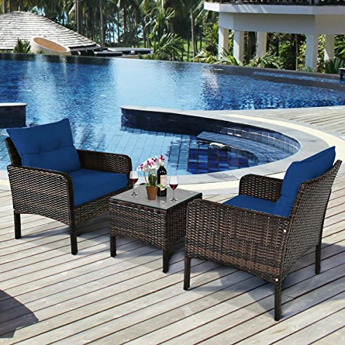 MIAOZI 3 PCS Outdoor Rattan Conversation Set Patio Garden Cushioned Sofa Chair Coffee Table (Color : D)