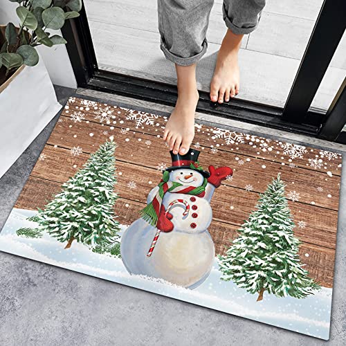 Merry Christmas Doormat Welcome Mat,Snowman Front Door Mat Xmas Tree Doormats,Non Slip Rubber Floor Mat Farm Retro Brown Wood Board Bath Rug for