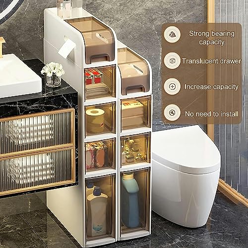 Bathroom Floor Cabinet Storage, 4-Tier Slim Toilet Paper Storage Cabinet with Clear Drawers and Casters, Large Capacity Narrow Vertical Dresser T