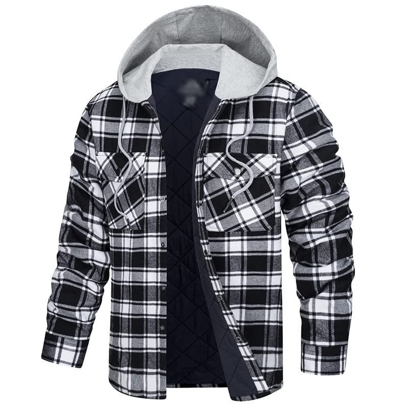 GLUXIT Men's Hooded Facecloth Jacket Thick and Warm Winter Jacket Autumn Plaid Shirt Jacket Cotton Hoodie