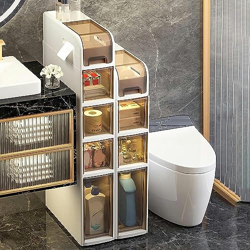 Narrow Bathroom Floor Cabinet, Slim Toilet Paper Storage Cabinet with Clear Drawers and Casters Plastic Storage Tower Organizer Unit for Washroom