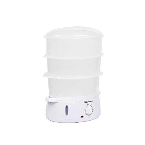 EMtronics 3-Tier Food, Meat & Vegetable Steamer with 60 Minute Timer, 10 Litres - White