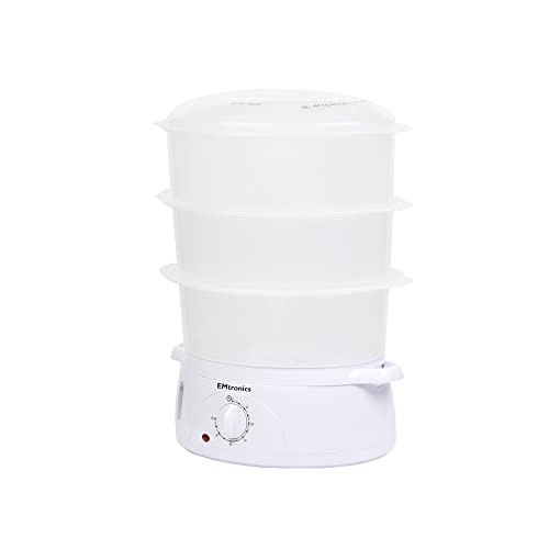 EMtronics 3-Tier Food, Meat & Vegetable Steamer with 60 Minute Timer, 10 Litres - White