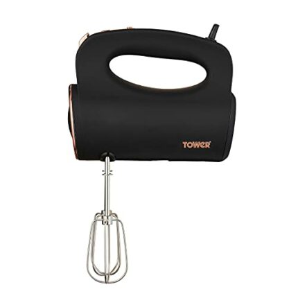 Tower T12061RG Cavaletto Hand Mixer with Stainless Steel Beaters, Dough Hooks, 5 Speeds, 300W, Black and Rose Gold