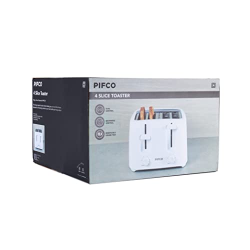 PIFCO® Essentials White Toaster 4 Slice - Dual Control with 6 browning Levels & Anti-Jam Function - Easy to Clean with Removable Crumbs Tray 1400