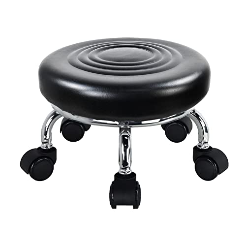 WKWKER Modern Roller Seat PU Leather Low Round Rolling Stool Swivel Small Stool with Universal Caster Wheels for Home Office Garage Shop Fitness