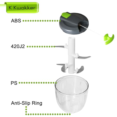 K Kwokker Manual Food Chopper, 900ml Manual Food Processors Pull String with 10 Sharp 420 Stainless Steel Blades, Vegetable Chopper Shredder, Oni