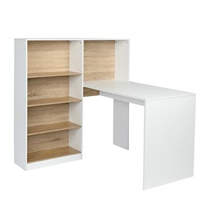 DLOETT Office Desk Computer Desk Laptop Study Desk L Shape Desk with 4 Tiers Bookshelf Home Office Workstation
