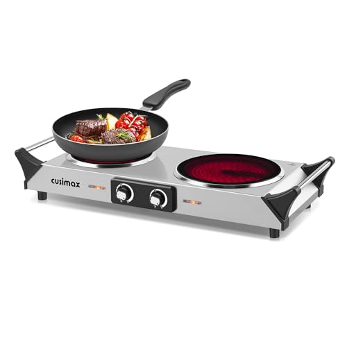 Double Hot Plate, CUSIMAX 2400W Electric Hob Ceramic Hot Plate, Portable Double Camping Hob Infrared Cooktop with Dual Temperature Control, Easy
