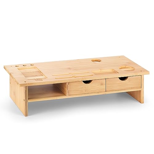 Monitor Stand Riser Desk Organizer-Bamboo 2 Tier Laptop Stand with Drawers, Adjustable Desktop Storage Organizer for Computer, Printer, Cellphone