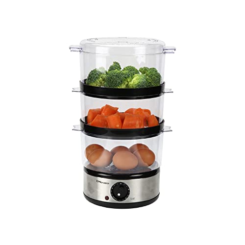 EMtronics 3-Tier Food, Meat & Vegetable Steamer with 60 Minute Timer, 6 Litres - Stainless Steel