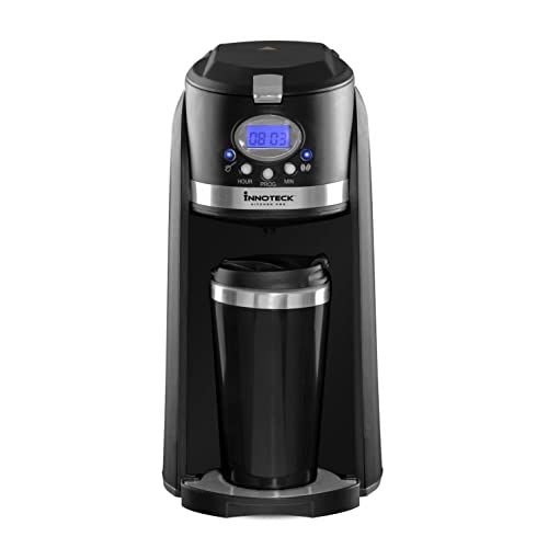 Innoteck Travel Filter Coffee Maker Grind and Brew 2 in 1 On-The-Go Automatic Coffee Machine with Stainless Steel Thermo Travel Mug, Black/Chrome