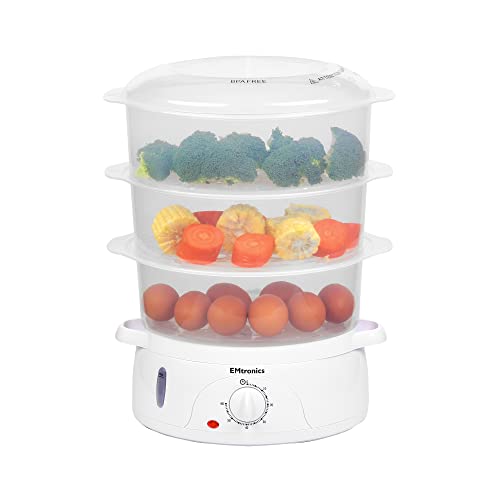 EMtronics 3-Tier Food, Meat & Vegetable Steamer with 60 Minute Timer, 10 Litres - White