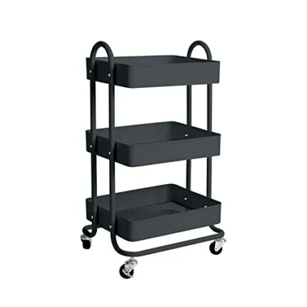 EKKIO Rolling Kitchen Trolley Cart with Lockable Casters - Heavy Duty Utility Cart with 3 Tier Mesh Shelves for Multifunctional Storage in Office