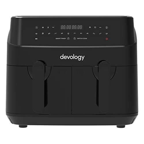 Devology Double Air Fryer - 10L - 2 x 5L Independent Dual Zone Air Fryer -50 Recipe Cookbook- 12 Cooking Programs - Digital LED Display Airfryer