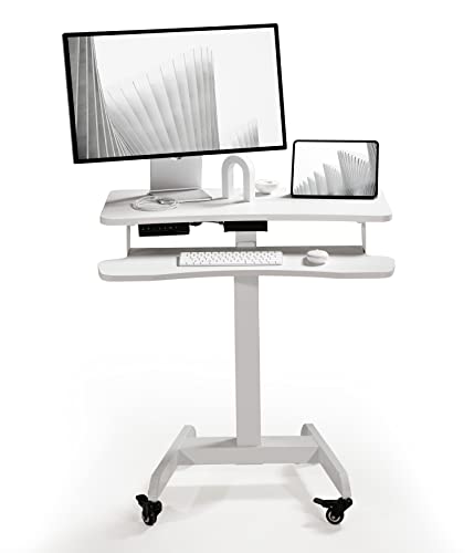OCOMMO Automatic Height Adjustable 31.5 Inch Mobile Workstation with Keyboard Tray, Sit to Stand Up Tabletop Computer and Monitor Desk for Home O