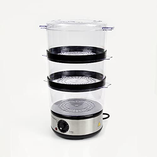EMtronics 3-Tier Food, Meat & Vegetable Steamer with 60 Minute Timer, 6 Litres - Stainless Steel