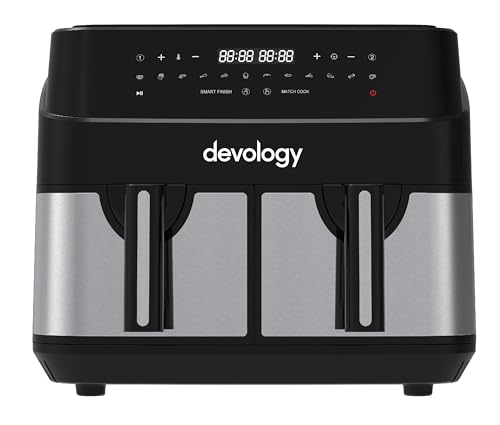 Devology Double Air Fryer - 10L - 2 x 5L Independent Dual Zone Air Fryer -50 Recipe Cookbook- 12 Cooking Programs - Digital LED Display Airfryer
