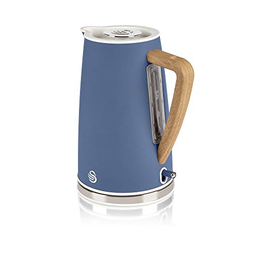 Swan Nordic 4 Slice Toaster, Blue, 1500W, Scandi Style, ST14620BLUN & Nordic Jug Kettle, 1.7 Litre, Blue, Rapid Boil, Wood Effect Handle, Soft To
