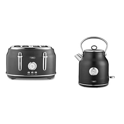 Tower T20065BLK Renaissance 4 Slice Toaster, 1630W, Black & T10063BLK Renaissance 1.7 Litre, 3 kw Ultra-Fast Quiet Boil Kettle in Matt Black