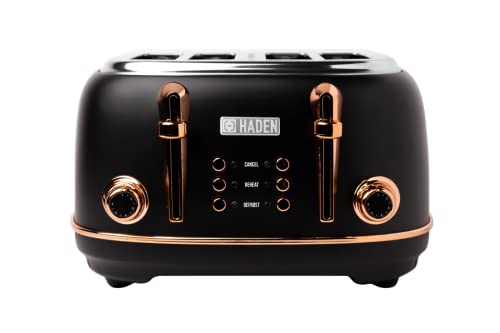 Haden Heritage Black Toaster 4 Slice - Adjustable Browning Control, Reheat and Defrost Functions 4 Slice Toaster - Stainless Steel Toaster 4 Slic