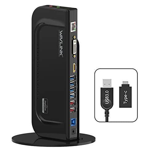 WAVLINK USB 3.0 / USB C Universal Dual Display Docking Station Support HDMI and DVI/VGA/HDMI with 6 USB Ports,Gigabit Ethernet and Audio Jack for