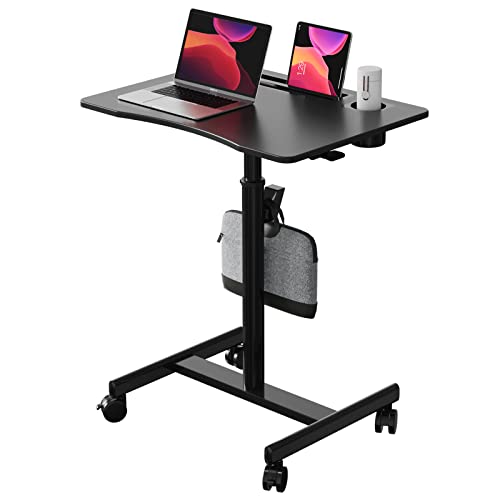 JYLH JOYSEEKER Mobile Standing Desk, 28 inch Pneumatic Sit to Stand Desk Height Adjustable Laptop Rolling Cart with Lockable Wheels for Home Offi