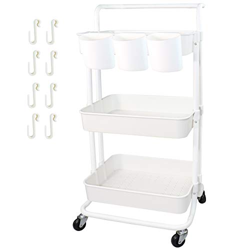Piowio 3 Tier Utility Rolling Cart Multifunction Organizer Shelf Storage Cart with 3 Piece Cups and 8 Piece Hooks for Home Kitchen Bathroom Laund