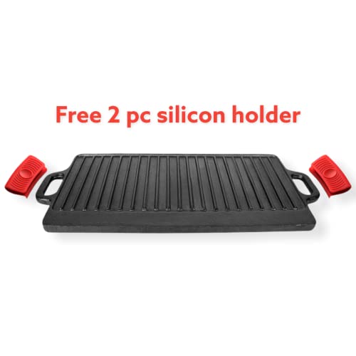 Cast Iron Griddle Grill Pan, Nonstick Griddle Grill with Dual Handles, Pre-Seasoned Reversible Grilling Plate, Double Burner Stovetop Skillet, BB