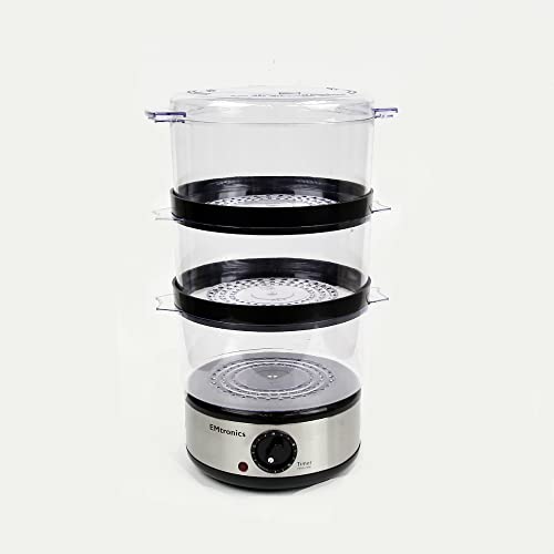 EMtronics 3-Tier Food, Meat & Vegetable Steamer with 60 Minute Timer, 6 Litres - Stainless Steel