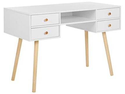 Beliani Scandinavian Home Office Desk 4 Storage Drawers Light Solid Wood Legs Levin