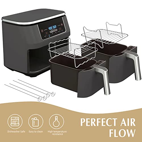 Domeilleur 2Pcs Air Fryer Rack Set for Ninja for Dual Air Fryer, Multi-purpose Double Layer Rack with Skewer, with Brush, Clips, Paper Liners, Ac