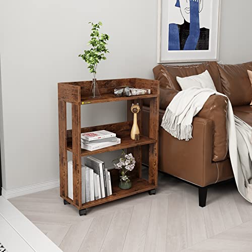 MIN WIN 3 Tier Open Bookshelf,Small Bookshelves Storage Display Shelf with Universal Wheels,Movable Standing Shelf Units,Wood Storage Rack for Sm