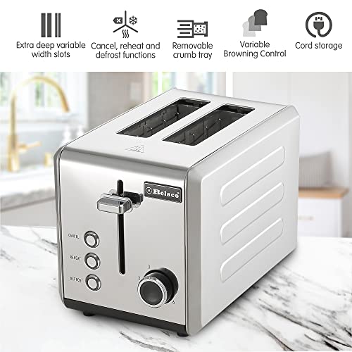 Belaco 2-Slice Toaster Wide Slots with Frozen, Cancel and Reheat Settings, Full Stainless-Steel Body, 810W