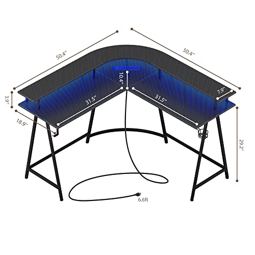 SUPERJARE L Shaped Gaming Desk with Power Outlets & LED Lights, Carbon Fiber Surface, Computer Desk with Monitor Stand, Home Office Desk Corner D