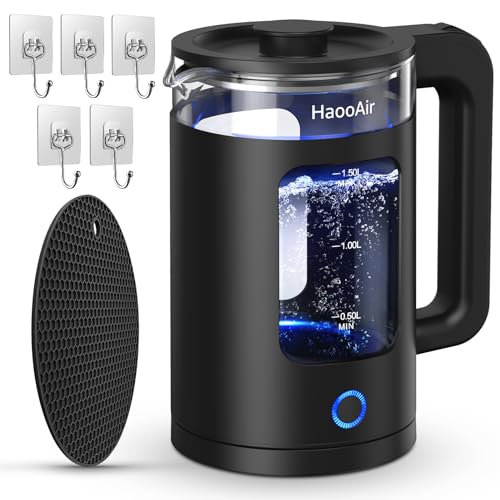Haooair Kettle, 1.5 Liter Electric Kettle with Blue LED, Easy to Clean Glass Kettle, Fast Boil Quiet, BPA-Free, Boil-Dry Protection (Gifts: Black