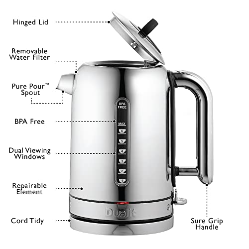 Dualit Classic Kettle | Polished Stainless Steel with Black Trim | Quiet boiling kettle | 90 Second Boil Time | 1.7 L Capacity, 2.3 kW | 72796