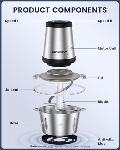 Food Processor, Cosicosy 2L Meat Grinder with 4 Durable Blades, 2 Speed Adjustable Food Grinder Stainless Steel Food Chopper for Meat, Salad, Sau