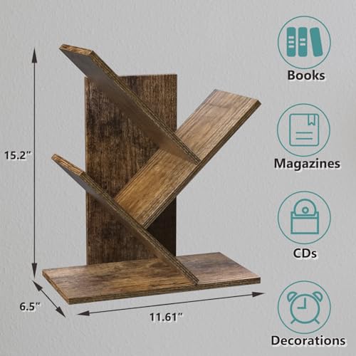 RUISHENG Tree Bookshelf, 4 Shelves Bookcase for Books/Magazines/CDs, Floor Standing Bookshelf for Office, Bedroom, Home (Rustic Brown)
