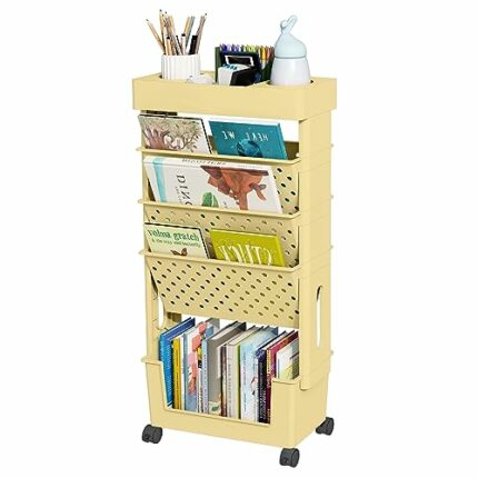 yeavs 5-Tier Mobile Bookshelf, Rolling Bookcase Book Storage Rack, Movable File Folder Organizer Cart with Wheels for Home Study Office Living Ro