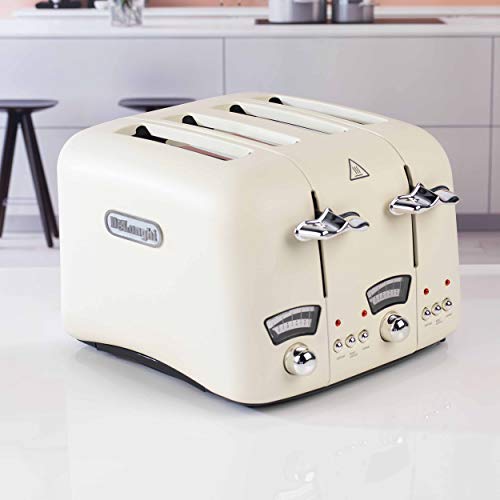 DeLonghi CT04E Argento Retro-Style Four Slice Toaster, 1600 W, Stainless Steel, Cream