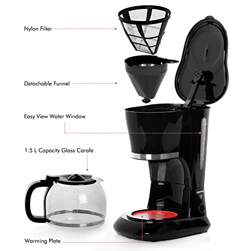 GEEPAS 1.5L Filter Coffee Machine | 800W Coffee Maker for Instant Coffee, Espresso, Macchiato & More | Boil-Dry Protection, Anti-Drip Function, A